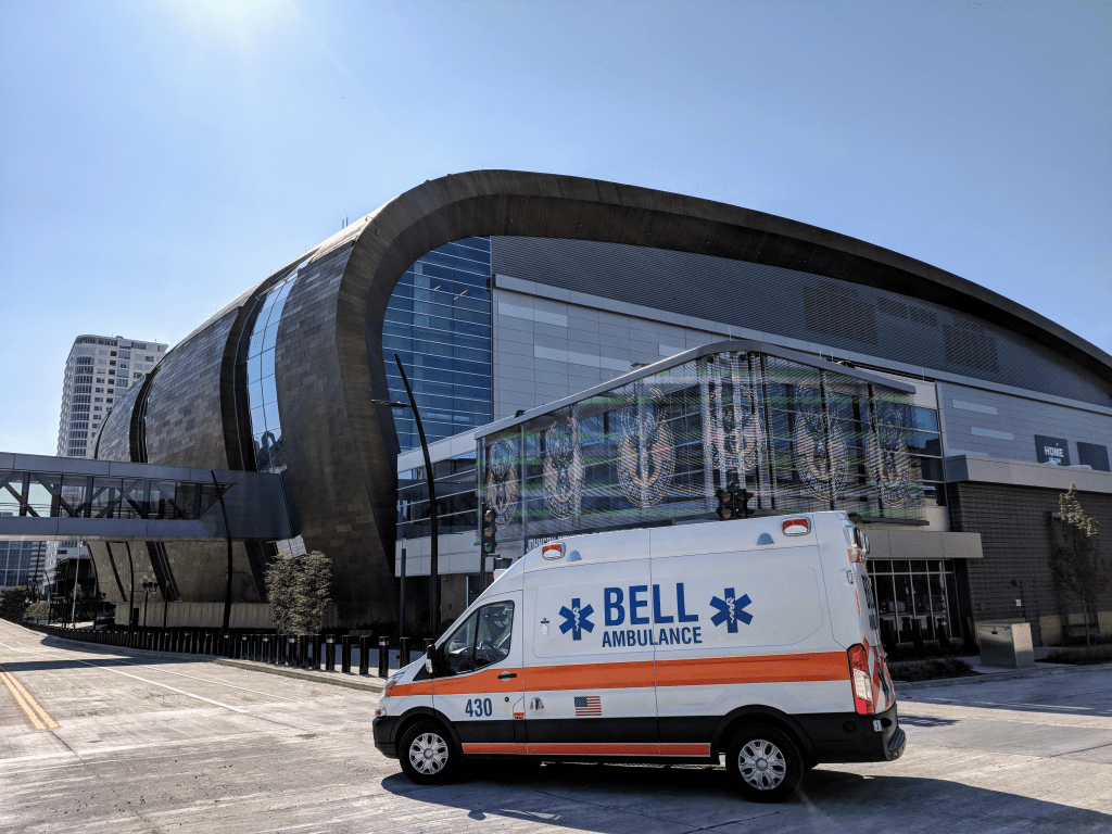 Side of Bell ambulance in front of Fiserve Forum