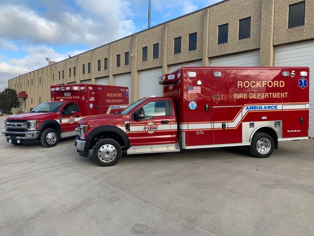 Side view of two ambulances for Rockford Fire Department