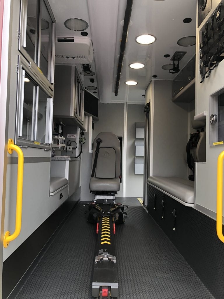 Inside of ambulance showing ambulance seat