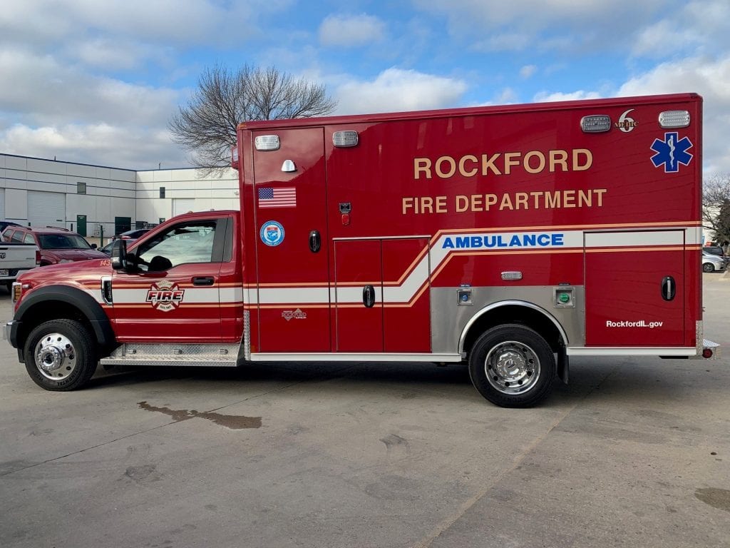 Side view of ambulance for Rockford Fire Department