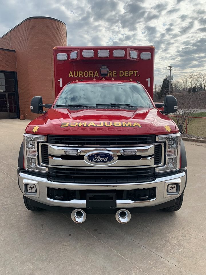 Front view of ambulance for Aurora Fire Department