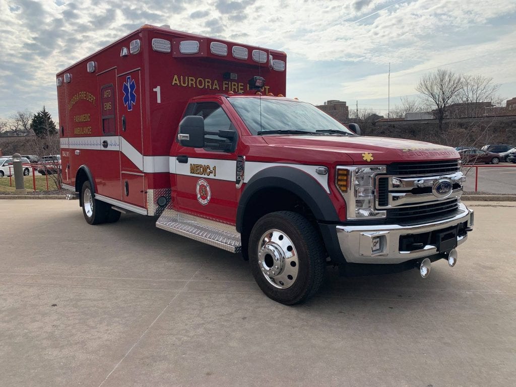 Front angled view of ambulance for Aurora Fire Department