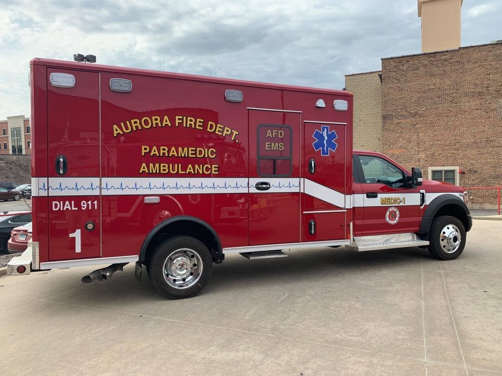 Side view of ambulance for Aurora Fire Department