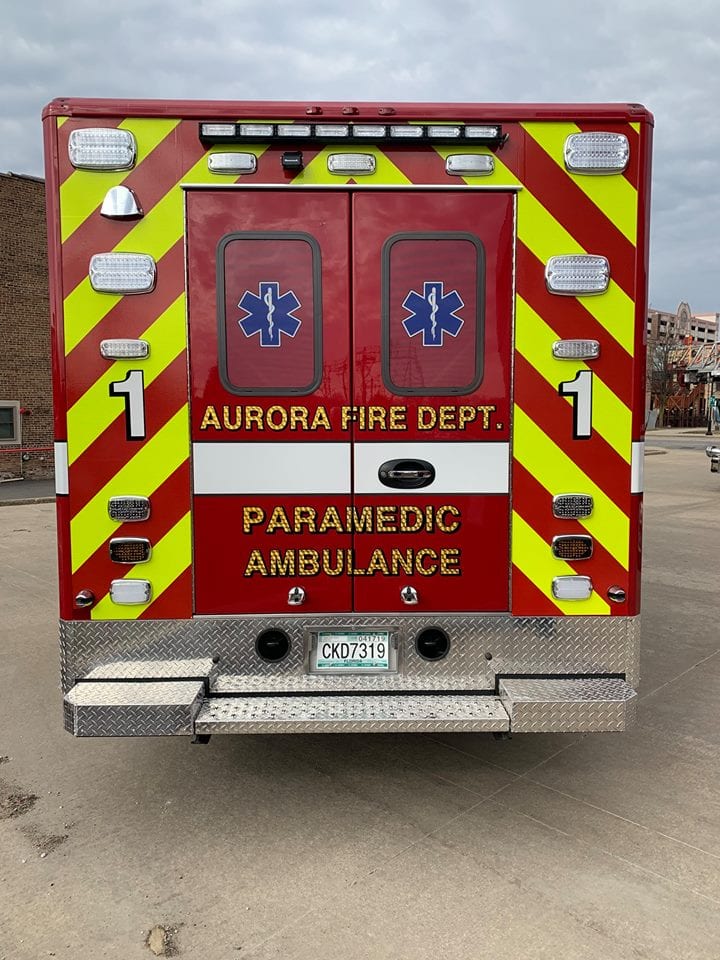 Back view of ambulance for Aurora Fire Department