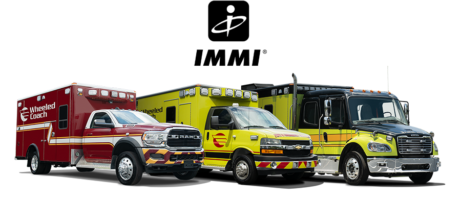 IMMI logo with 3 Wheeled Coach ambulances